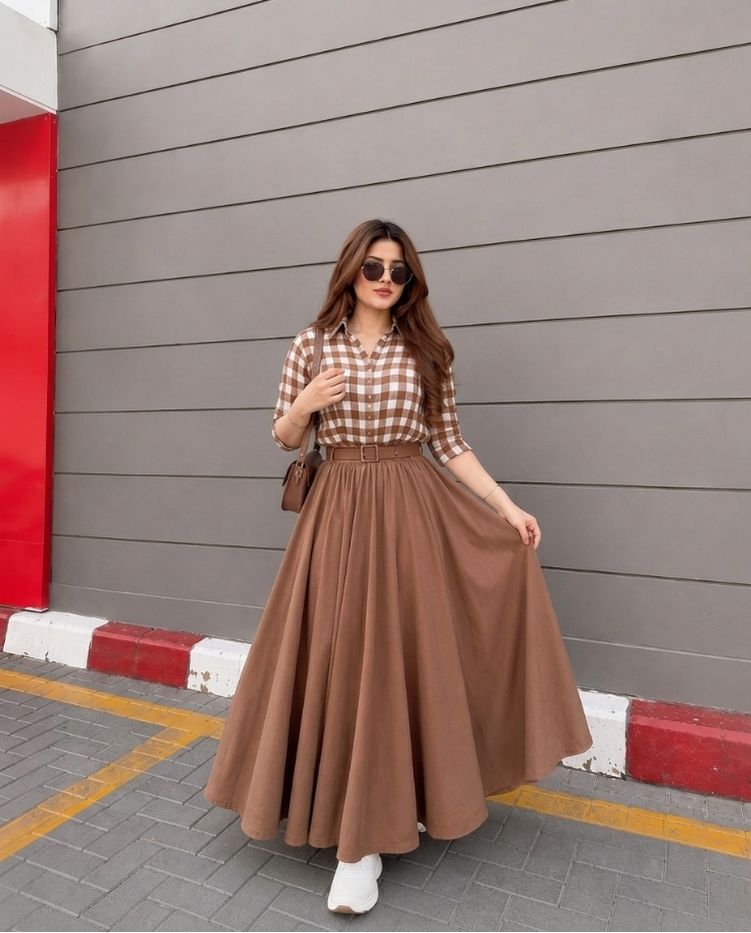 Qira - Brown Checked Shirt Belted Maxi Skirt Set