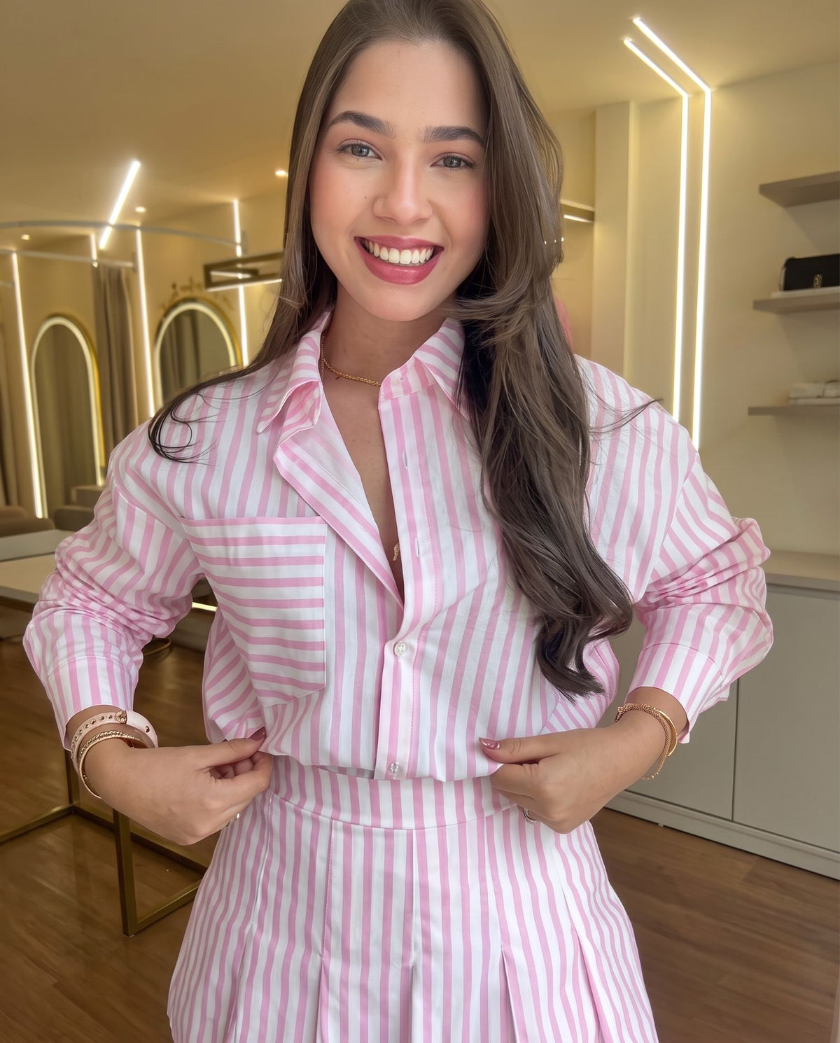 Gala - Pink Stripe Shirt Shorts Set