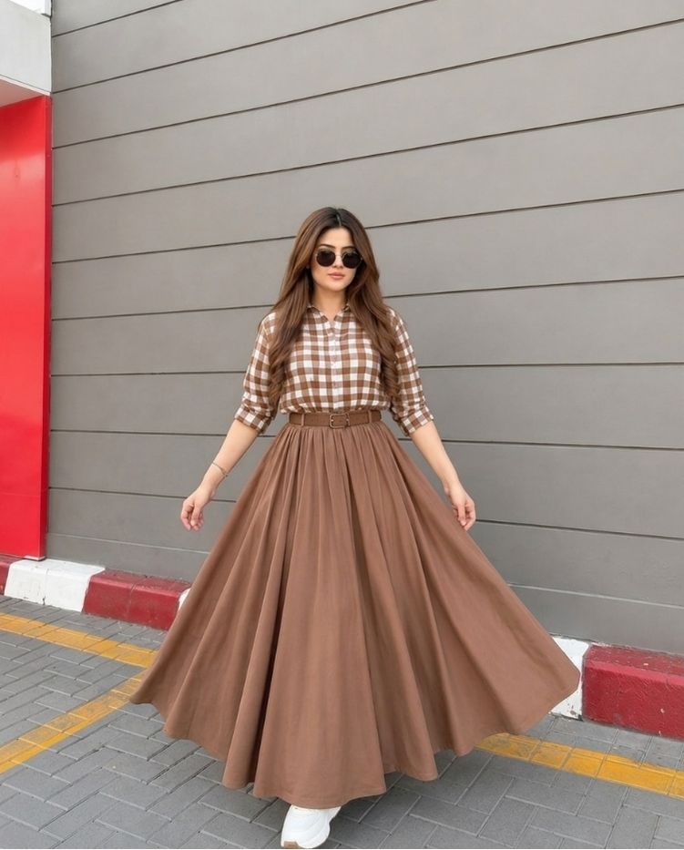 Qira - Brown Checked Shirt Belted Maxi Skirt Set