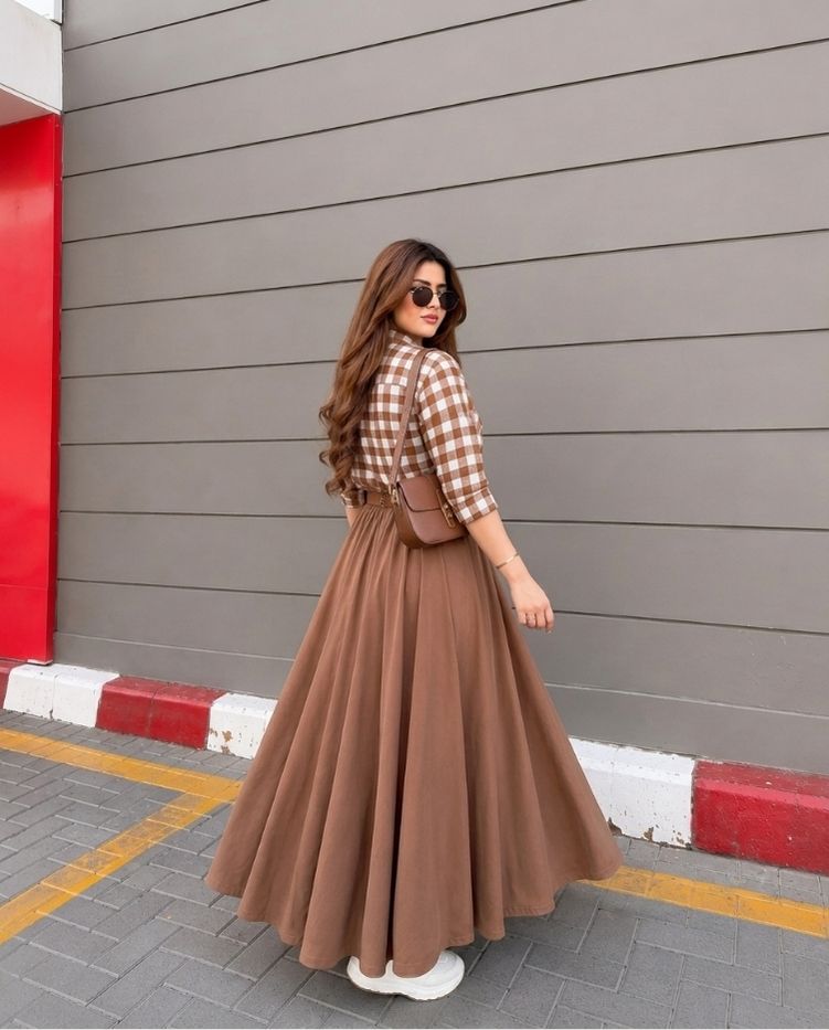 Qira - Brown Checked Shirt Belted Maxi Skirt Set